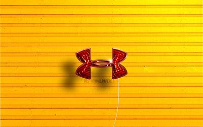 Logo Under Armour, 4K, palloncini realistici rossi, marchi sportivi, logo Under Armour 3D, sfondi in legno gialli, Under Armour