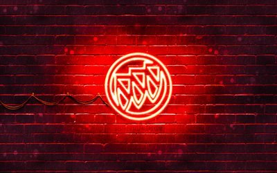 ビュイックの赤いロゴ, 4k, 赤レンガの壁, ビュイックのロゴ, 車のブランド, ビュイックネオンロゴ, ビュイック