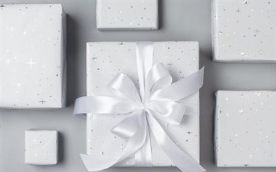 white gifts boxes, white silk bows, white silk ribbons, gifts, gifts background