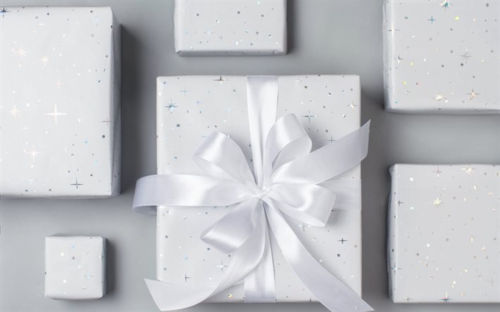 coffrets cadeaux blancs, noeuds en soie blanche, rubans de soie blanche, cadeaux, fond de cadeaux