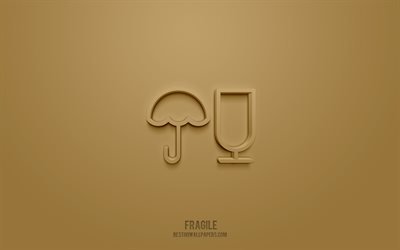 Fragile 3d icon, brown background, 3d symbols, Fragile, Mail icons, 3d icons, Fragile sign, Mail 3d icons
