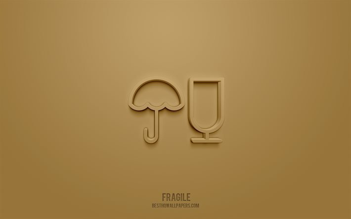Ic&#244;ne 3d fragile, fond brun, symboles 3d, Fragile, ic&#244;nes de courrier, ic&#244;nes 3d, signe fragile, ic&#244;nes 3d de courrier