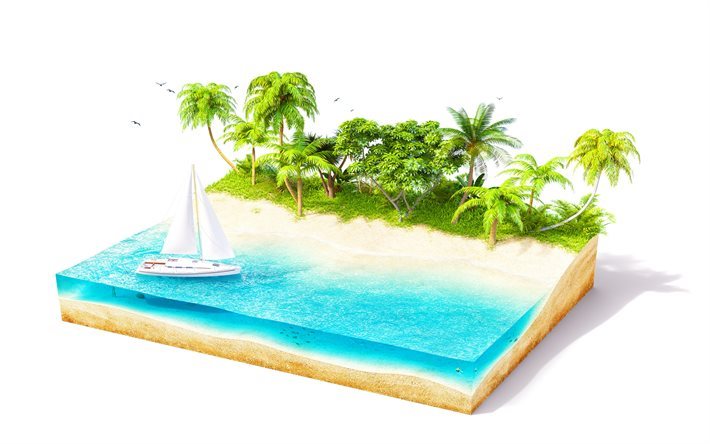 3d isla, isla tropical, barco, playa, costa 3d