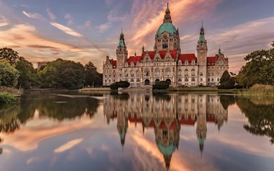 castle, lake, sunset, New Town Hall, Hannover, Lower Saxony