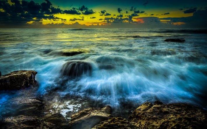 sunset, coast, ocean, waves, Australia, New South Wales, Newcastle