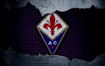 Fiorentina, 4k, art, Serie A, soccer, logo, football club, ACF Fiorentina, metal texture