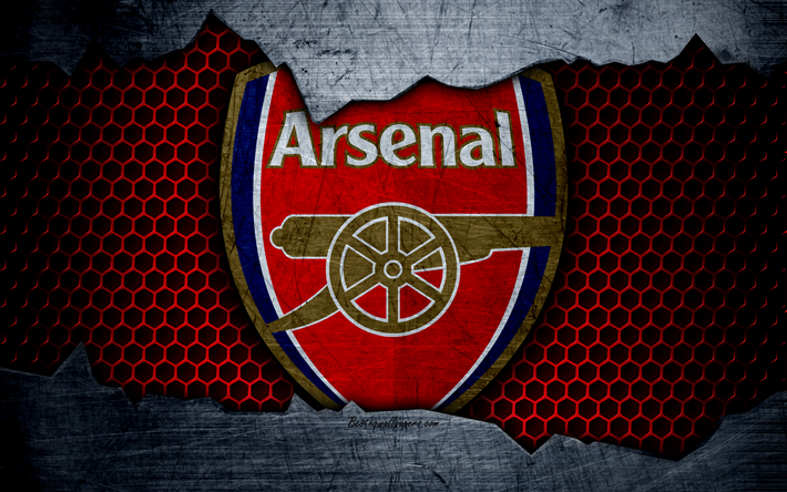 Arsenal London, 4k, jalkapallo, Premier League, tunnus, Arsenal logo, football club, Lontoo, UK, metalli rakenne, grunge