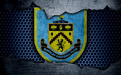 Burnley Football Club, 4k, football, Premier League, emblem, Burnley  logo, football club, Burnley, UK, metal texture, grunge