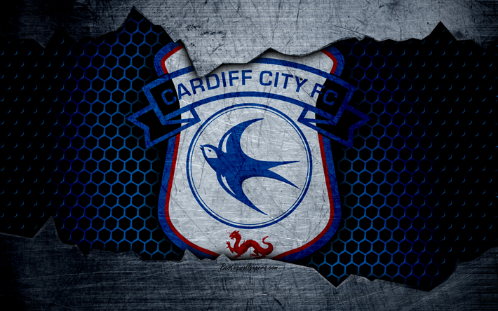 Cardiff City FC, 4k, jalkapallo, Premier League, Englanti, tunnus, Cardiff City-logo, football club, Cardiff, UK, metalli rakenne, grunge