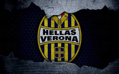 Hellas Verona, 4k, art, Serie A, soccer, Verona, logo, football club, Hellas Verona FC, metal texture
