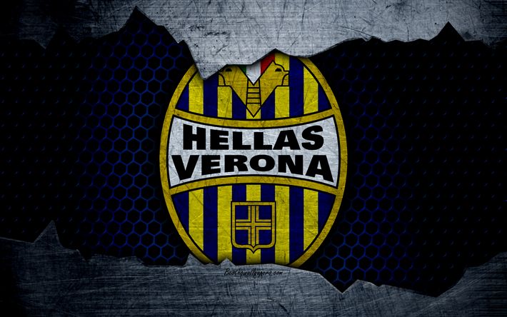 Hellas Verona, 4k, arte, Serie A, futebol, Verona, logo, clube de futebol, Hellas Verona FC, textura de metal