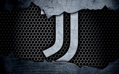Juventus, 4k, art, Serie A, Juve, soccer, logo, football club, Juventus FC, metal texture