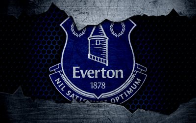 Everton FC, 4k, football, Premier League, England, emblem, Everton logo, football club, Liverpool, UK, metal texture, grunge