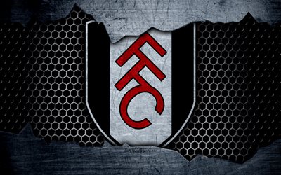 Fulham, 4k, football, Premier League, England, emblem, Fulham logo, football club, London, UK, metal texture, grunge