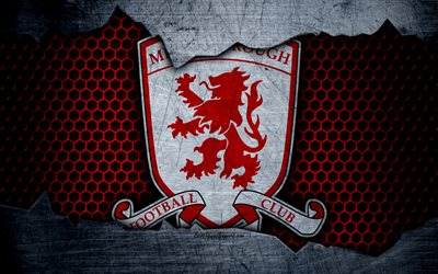 Middlesbrough FC, 4k, football, Premier League, England, emblem, logo, football club, Middlesbrough, UK, metal texture, grunge