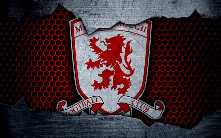 Middlesbrough FC, 4k, futbol, Premier Lig, İngiltere, amblem, logo, Futbol Kul&#252;b&#252;, Middlesbrough, İNGİLTERE, metal doku, grunge