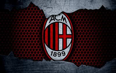 Milan, 4k, art, Serie A, Rossoneri, soccer, logo, football club, AC Milan, metal texture