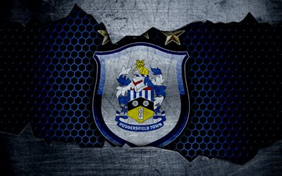Huddersfield Town AFC, 4k, football, Premier League, England, emblem, Huddersfield Town logo, football club, Huddersfield, UK, metal texture, grunge