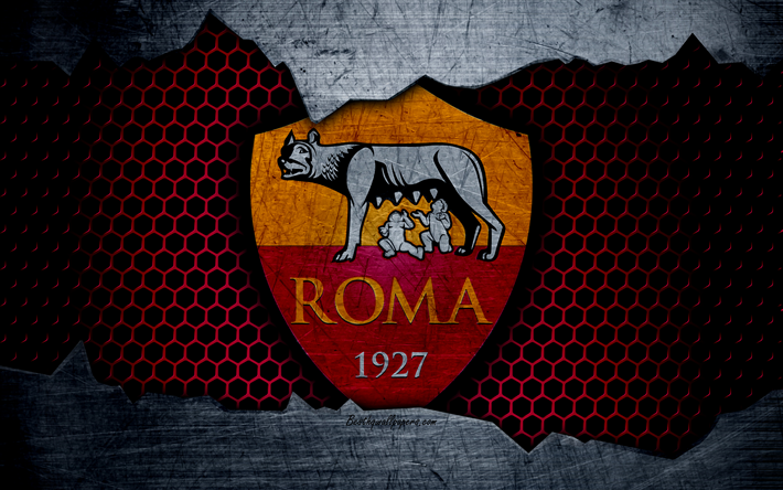 Roma, 4k, art, Serie A, soccer, logo, football club, AS Roma, metal texture
