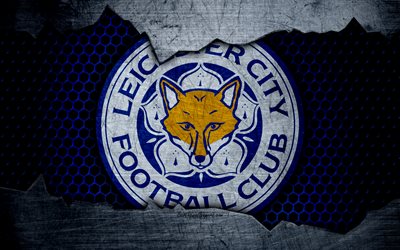 Leicester City FC, 4k, football, Premier League, England, Leicester emblem, logo, football club, wolves, Leicester, UK, metal texture, grunge