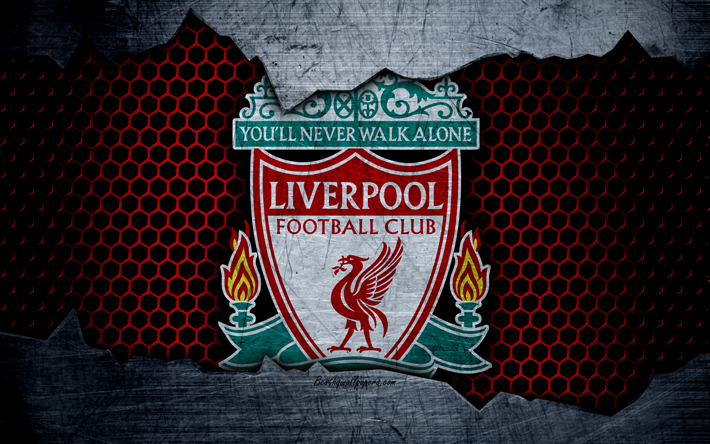 O Liverpool FC, 4k, futebol, Premier League, Inglaterra, emblema, Logotipo do Liverpool, clube de futebol, Liverpool, Reino UNIDO, textura de metal, grunge