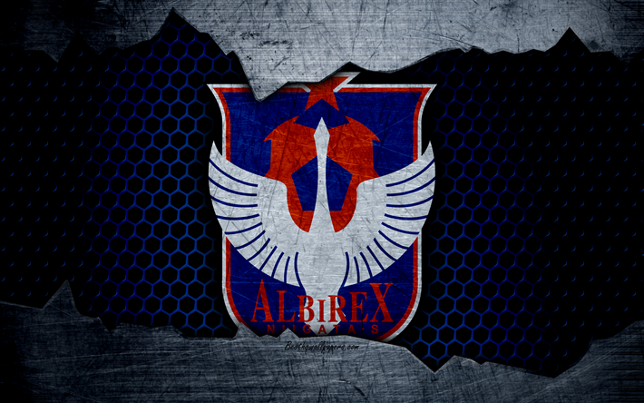 Albirex Niigata, 4k, logo, arte, J-League, futebol, clube de futebol, FC Albirex Niigata, textura de metal