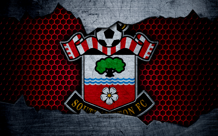 Southampton FC, 4k, football, Premier League, England, emblem, logo, football club, Southampton, UK, metal texture, grunge