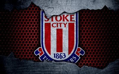 Stoke City FC, 4k, football, Premier League, England, emblem, Stoke City logo, football club, Stoke-on-Trent, UK, metal texture, grunge