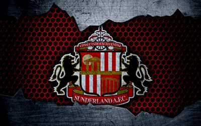 Sunderland AFC, 4k, football, Premier League, England, emblem, Sunderland logo, football club, Sunderland, UK, metal texture, grunge