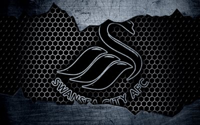 Swansea City AFC, 4k, football, Premier League, England, emblem, logo, football club, Swansea, UK, metal texture, grunge
