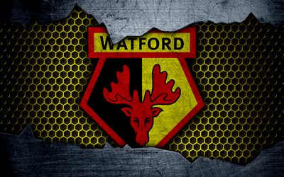 Watford FC, 4k, football, Premier League, England, emblem, Watford logo, football club, Watford, UK, metal texture, grunge