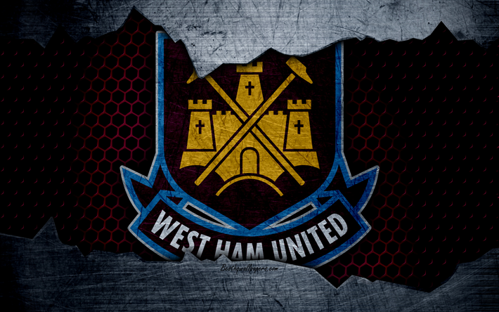 West Ham United FC, 4k, futbol, Premier Lig, İngiltere, amblem, logo, Futbol Kul&#252;b&#252;, Londra, İNGİLTERE, metal doku, grunge