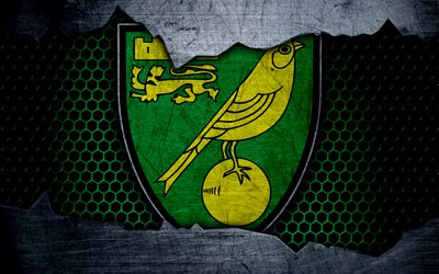Norwich City FC, 4k, football, Premier League, England, emblem, logo, football club, Norwich, UK, metal texture, grunge