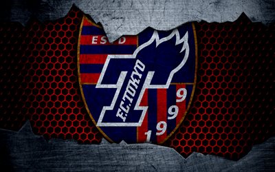 FC Tokyo, 4k, logo, art, J-League, soccer, football club, Tokyo, metal texture