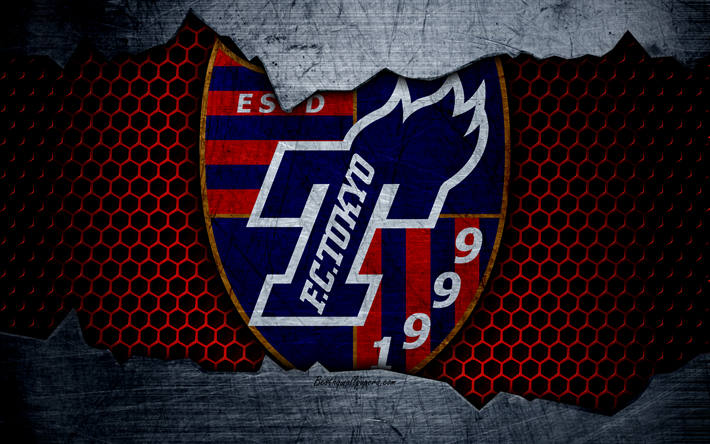 FC Tokyo, 4k, logo, art, J-League, soccer, football club, Tokyo, metal texture