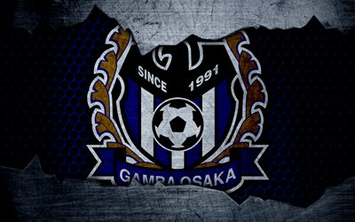 Gamba Osaka, 4k, logo, art, J-League, soccer, football club, G-Osaka, metal texture