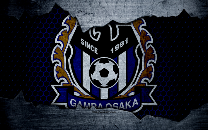 Gamba Osaka, 4k, logo, arte, J-League, futebol, clube de futebol, G-Osaka, textura de metal