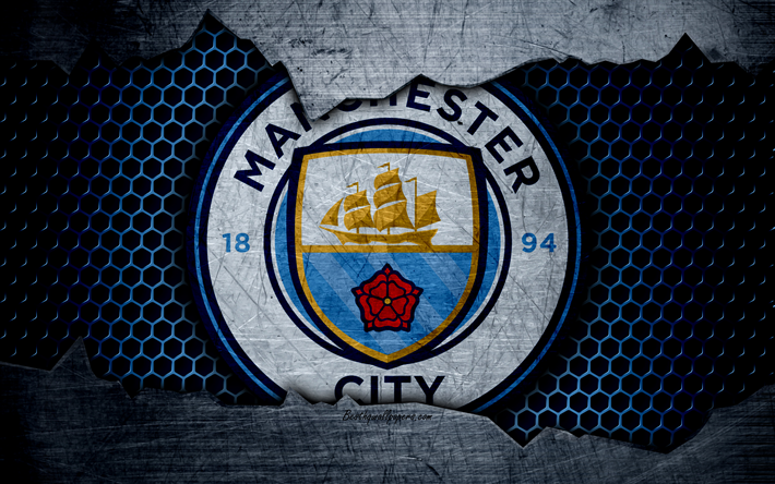 Manchester City, 4k, fotboll, Premier League, England, emblem, logotyp, football club, Manchester, STORBRITANNIEN, metall textur, grunge
