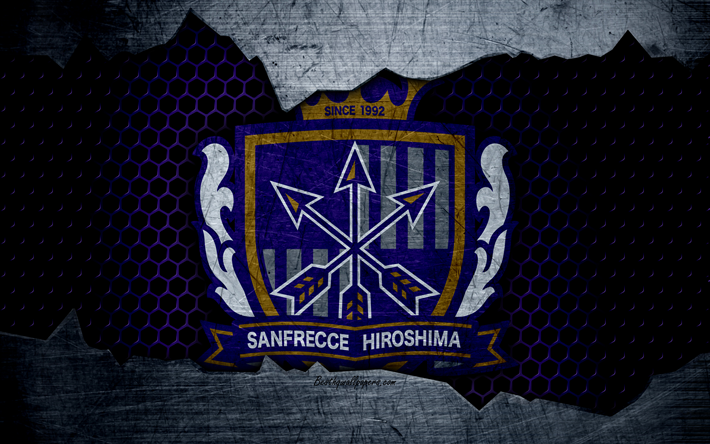 سانفريس هيروشيما, 4k, شعار, الفن, الدوري الياباني, كرة القدم, نادي كرة القدم, نادي هيروشيما, الملمس المعدني