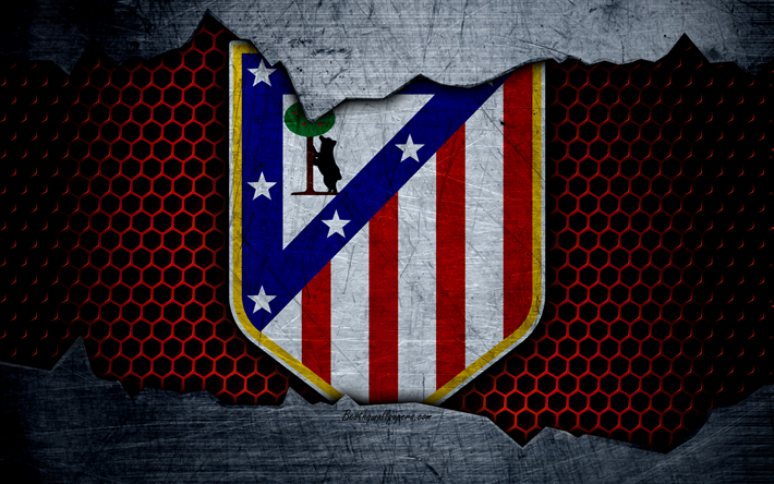 Atletico Madrid, 4k, UEFA, futbol, amblem, logo, Madrid, İspanya, Futbol Kul&#252;b&#252;, metal doku, grunge