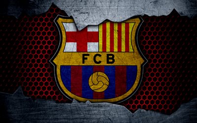 FC Barcelona, 4k, La Liga, football, emblem, Barcelona logo, Barcelona, Catalonia, Spain, football club, metal texture, grunge
