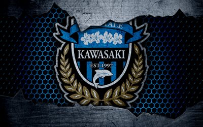 Kawasaki Frontale, 4k, logo, art, J-League, soccer, football club, FC Kawasaki Frontale, metal texture