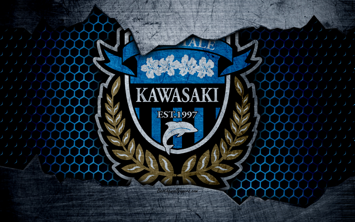 Kawasaki Frontale, 4k, logotyp, konst, J-League, fotboll, football club, FC Kawasaki Frontale, metall textur