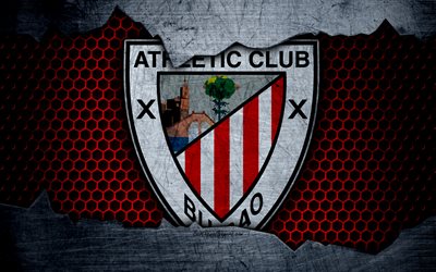 Athletic Bilbao, 4k, La Liga, football, emblem, logo, Bilbao, Spain, football club, metal texture, grunge