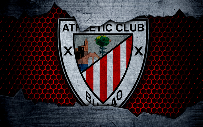 Athletic Bilbao, 4k, UEFA, futbol, amblem, logo, Bilbao, İspanya, Futbol Kul&#252;b&#252;, metal doku, grunge