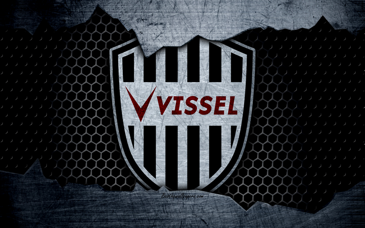Vissel Kobe, 4k, logo, sanat, J-League, futbol, futbol kul&#252;b&#252;, FC Kobe, metal doku