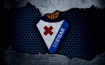 Eibar FC, 4k, La Liga, football, emblem, logo, Eibar, Spain, football club, metal texture, grunge