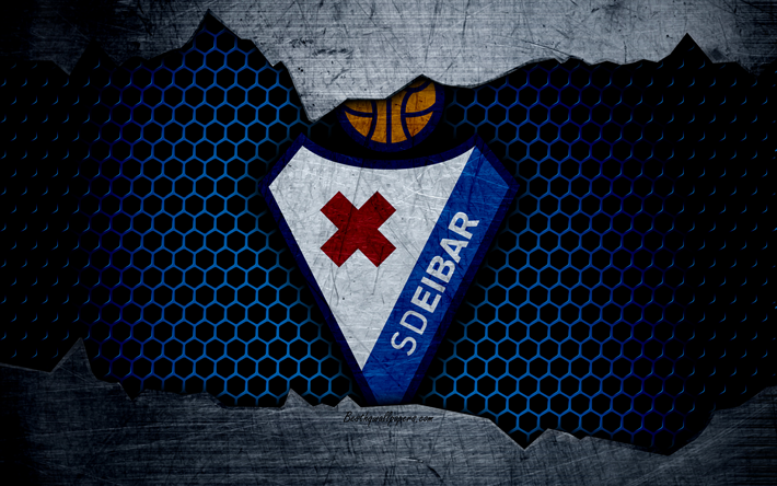 Eibar FC, 4k, La Liga, futebol, emblema, logo, Eibar, Espanha, clube de futebol, textura de metal, grunge