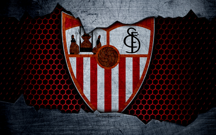 FC Sevilla, 4k, UEFA, futbol, amblem, logo, Sevilla, İspanya, Futbol Kul&#252;b&#252;, metal doku, grunge