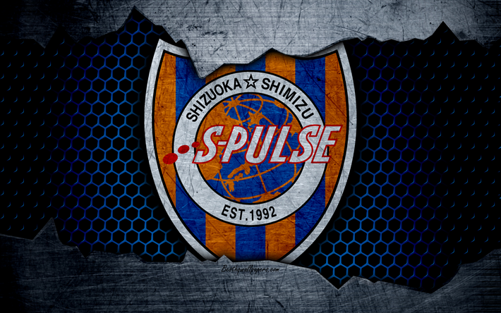 Shimizu S-Pulse, 4k, logo, art, J-League, soccer, football club, FC Shimizu S-Pulse, metal texture